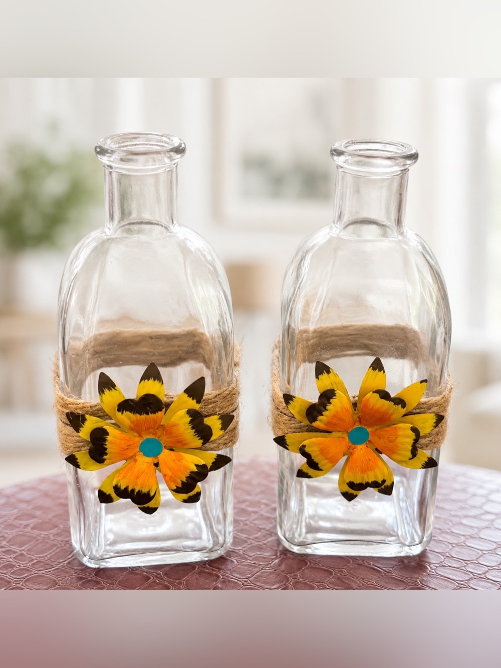 Set of 2 Rustic Glass Bottle Vases 7” Metal Flower Jute Twine Farmhouse Decor